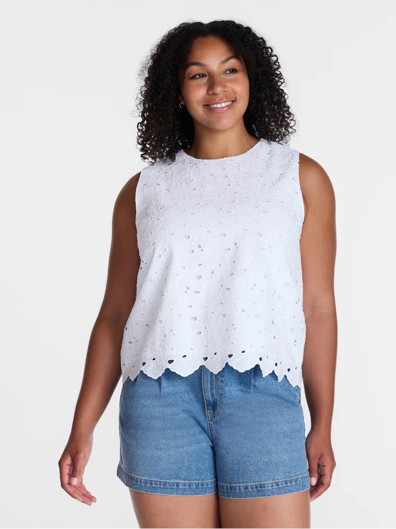 Time and Tru Women’s and Women’s Plus Eyelet Embroidered Top, Sizes XS-4X | Walmart (US)