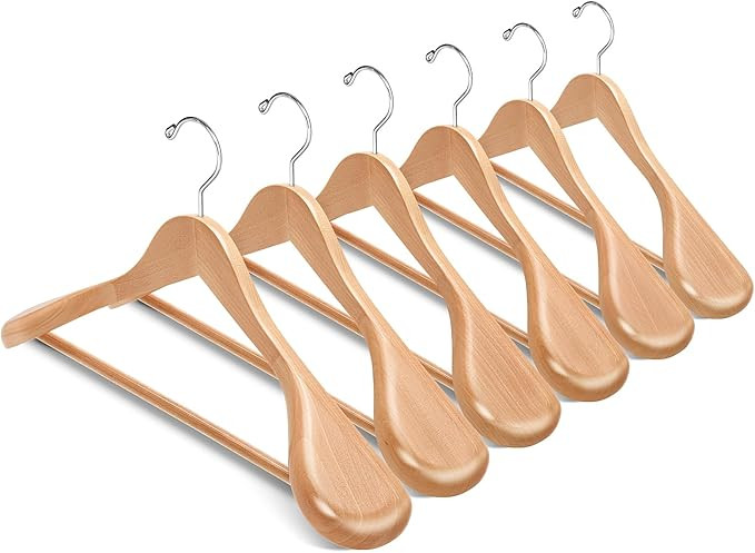 Amber Home 6 Pack Wide Shoulder Wooden Suit Coat Hangers with Non Slip Pants Bar, Solid Wood Jack... | Amazon (US)