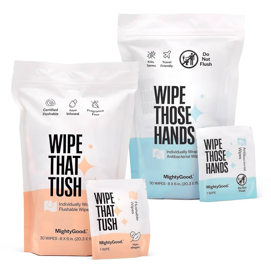 Wipe That Tush 30 Count Individually Wrapped Flushable & Wipe Those Hands 30 Count Individually W... | Amazon (US)