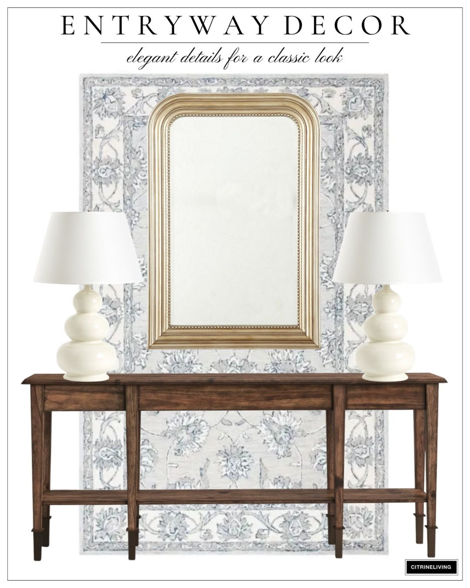 Elegant home decor details for a classic entryway or hallway
I’m in love with this statement gold mirror! A pair of lamps a chic rug a beautiful console table 

#LTKhome #LTKFind #LTKstyletip