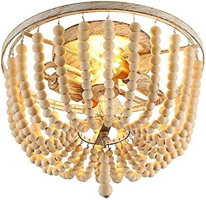 Wood Beaded Ceiling Light, Metal LED Flush Mount, 2 Lights Retro Ceiling Light, Antique Hand Pain... | Amazon (US)