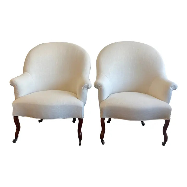 Early 20th Century Pair of Antique French Arm Chairs on Casters Newly Upholstered in a Pindler Wa... | Chairish