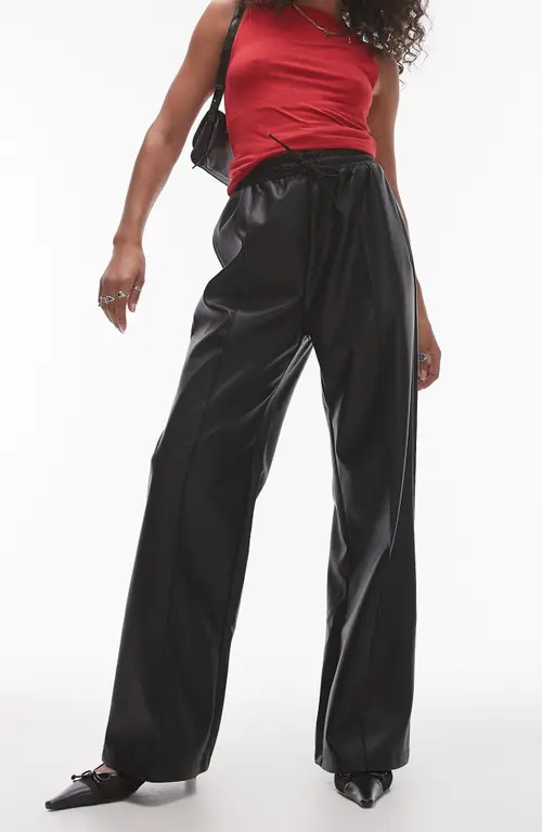 Topshop Faux Leather Wide Leg Drawstring Pants in Black at Nordstrom, Size 2 Us | Nordstrom