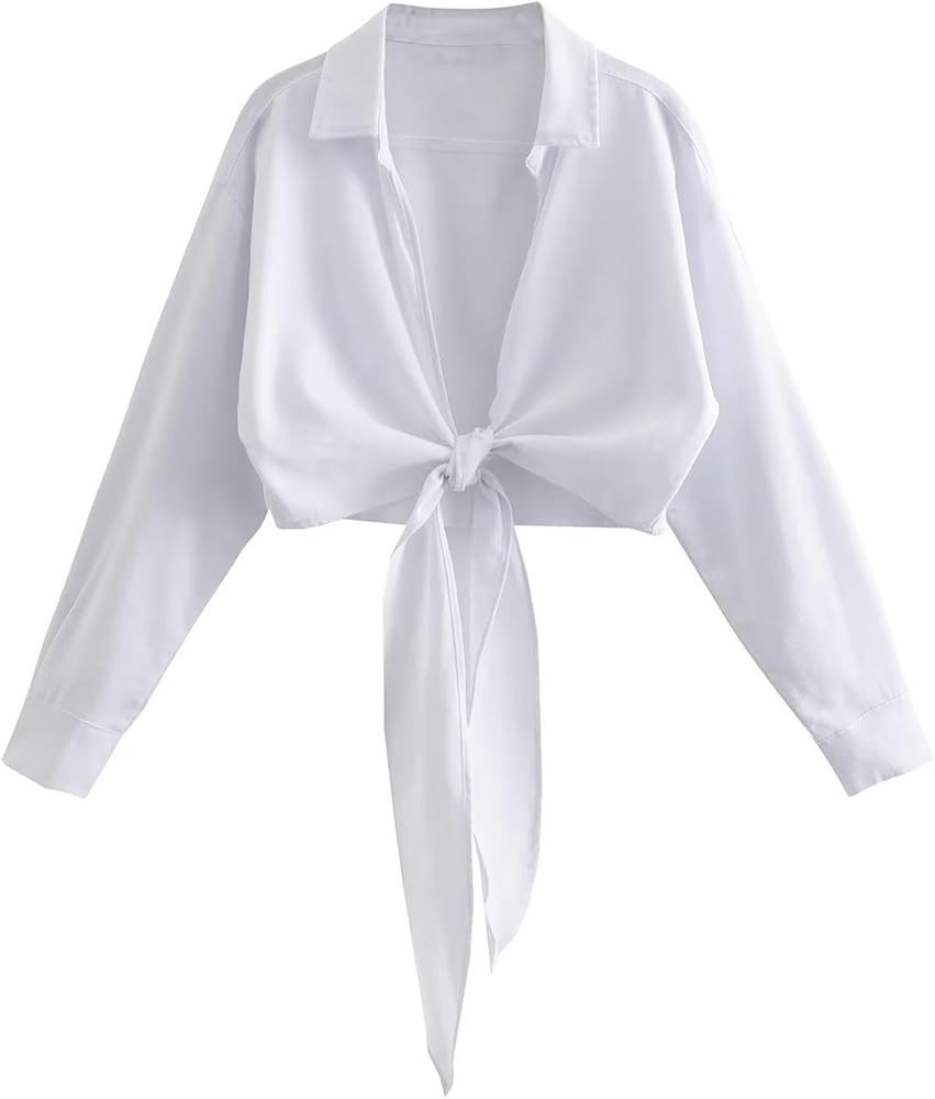 Women's Linen Lace Up Short Shirt Long Sleeve Shirt Tops | Amazon (US)