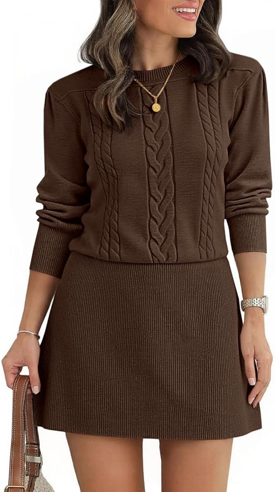 Saodimallsu Womens Puff Long Sleeve Sweater Dress Cable Knit A Line Crew Neck Fall Casual Flare M... | Amazon (US)