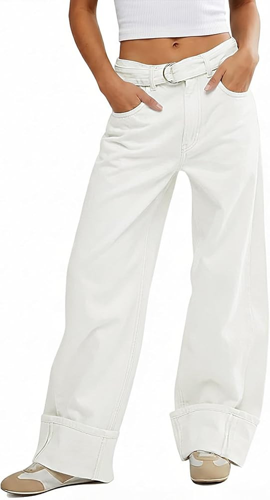 Tankaneo Womens Wide Leg Cuffed Jeans Trendy High Waisted Baggy Boyfriend Casual Denim Pants with... | Amazon (US)