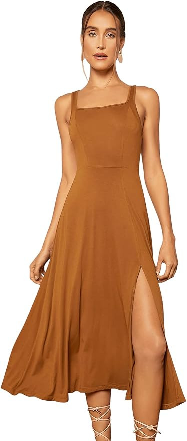 Verdusa Women's Sleeveless Square Neck Split Midi A Line Swing Flowy Dress | Amazon (US)