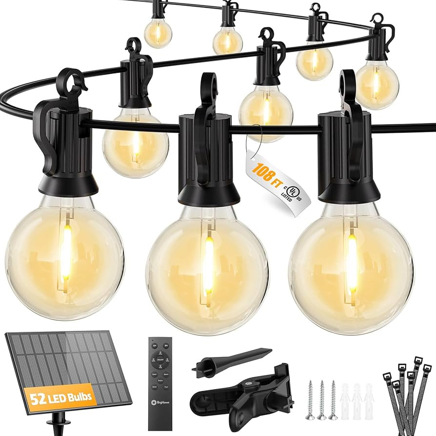 Brightown 108FT 52LED Solar String Lights Outdoor with Remote & USB Port, Shatterproof Bulbs, Dim... | Amazon (US)