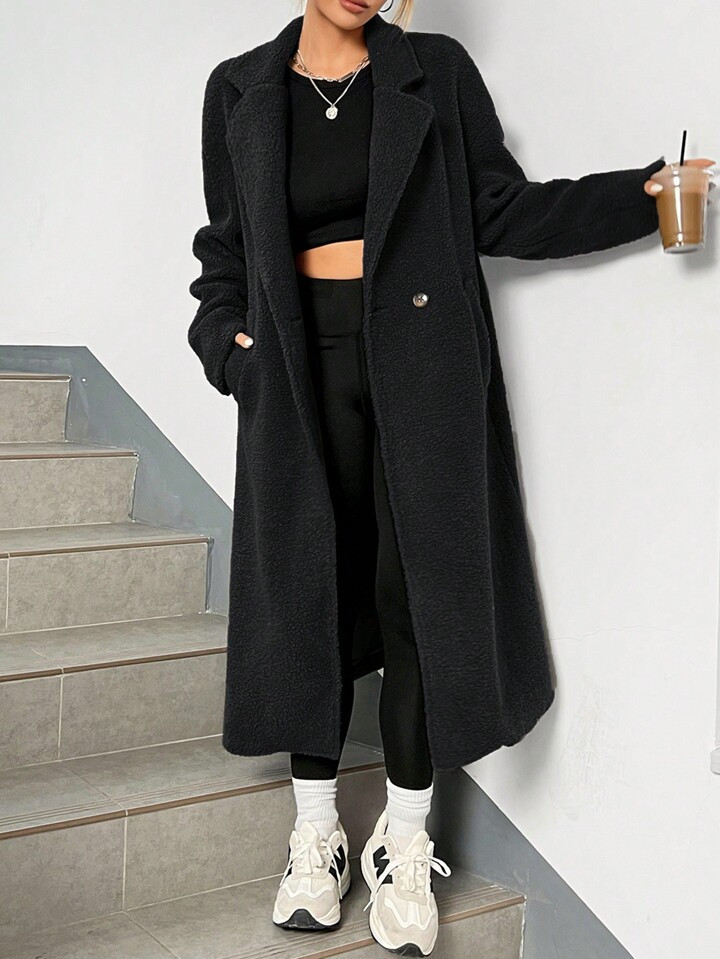 SHEIN EZwear Lapel Neck Double Button Teddy Back Coat | SHEIN