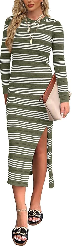 WIHOLL Women's Long Sleeve Midi Dress Slim Fit Striped Knit Side Slit Bodycon Fall Sweater Dresse... | Amazon (US)