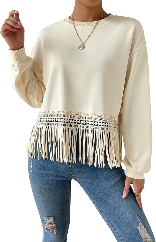 GORGLITTER Women's Fringe Round Neck Sweater Long Sleeve Drop Shoulder Pullover Tops | Amazon (US)