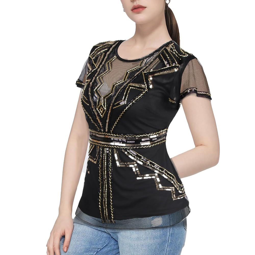 Vijiv Women's 1920s Inspired Beaded Sequin Top V Neck Shimmer Glitter Blouse Short Sleeve Formal ... | Amazon (US)