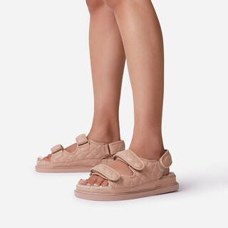 Taurus Faux Shearling Quilted Double Strap Flat Dad Sandal In Nude Faux Leather | EGO Shoes (US & Canada)