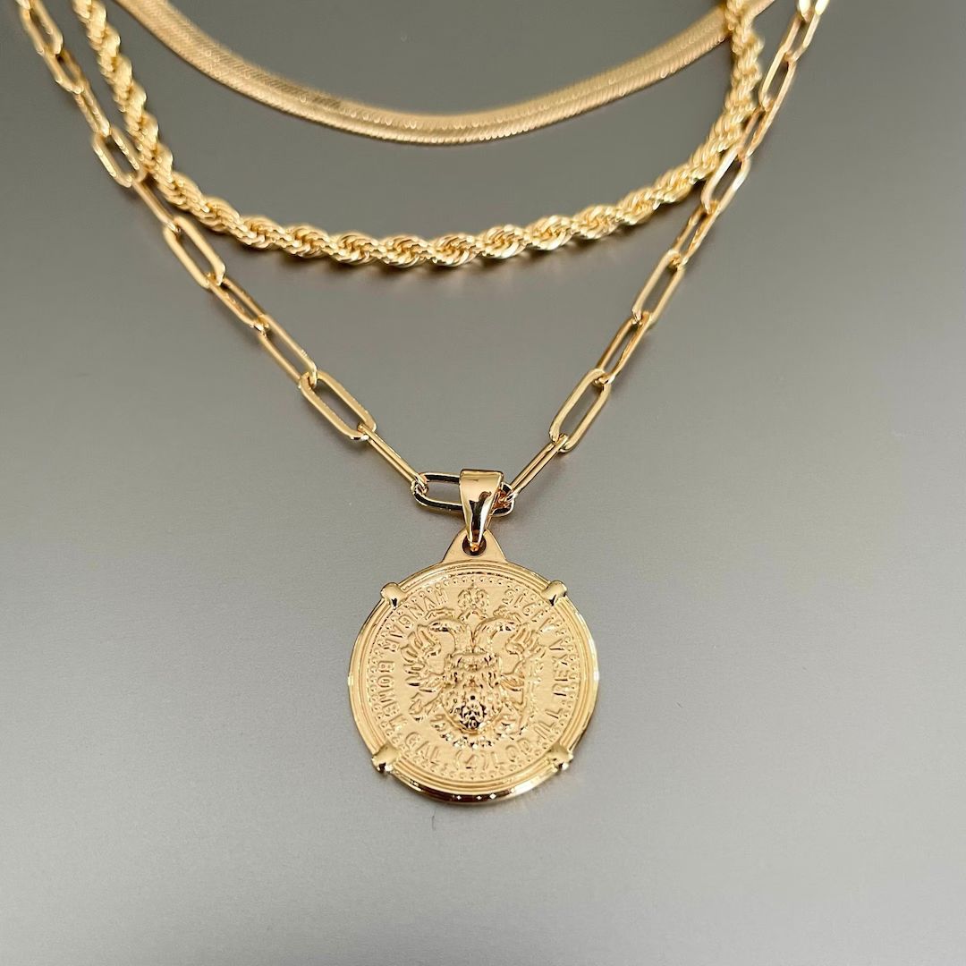 Pendant Gold Layer Necklace Set 14k Gold Chain Necklace Set Herringbone Snake Necklace , Dainty G... | Etsy (US)