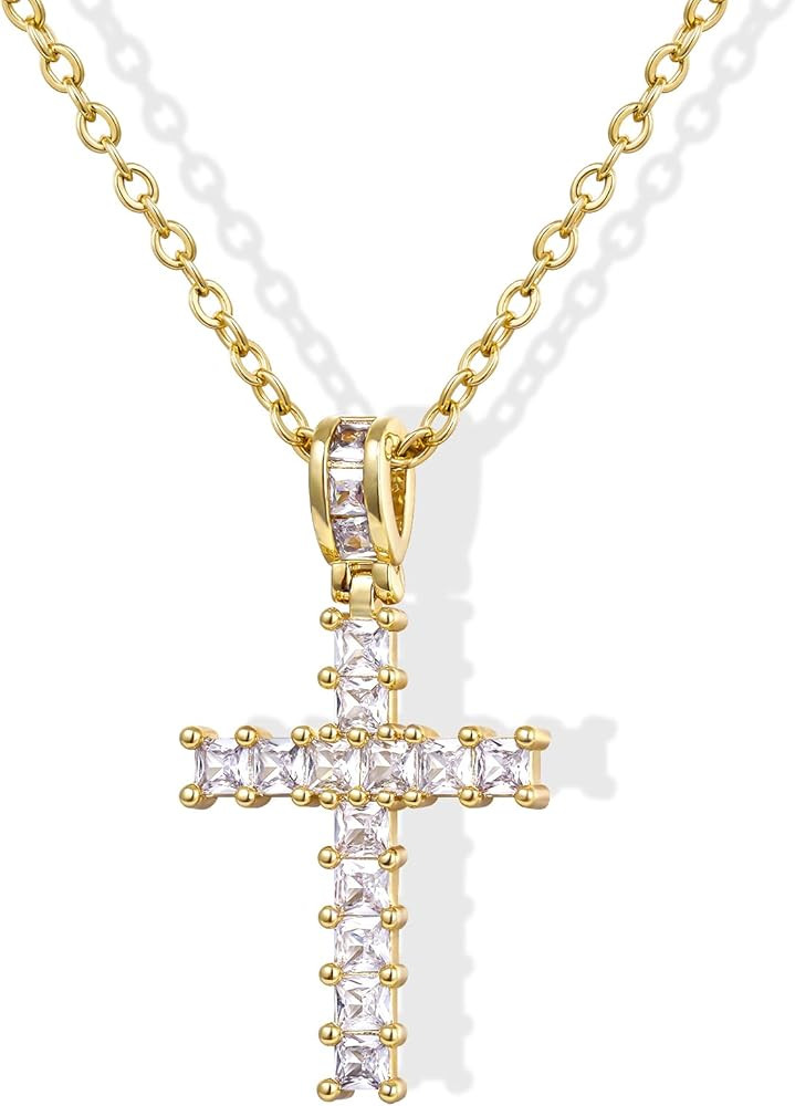 KissYan Cross Necklace for Women, 14K Gold Plated Cubic Zirconia Faith Pendant Dainty Religious J... | Amazon (US)
