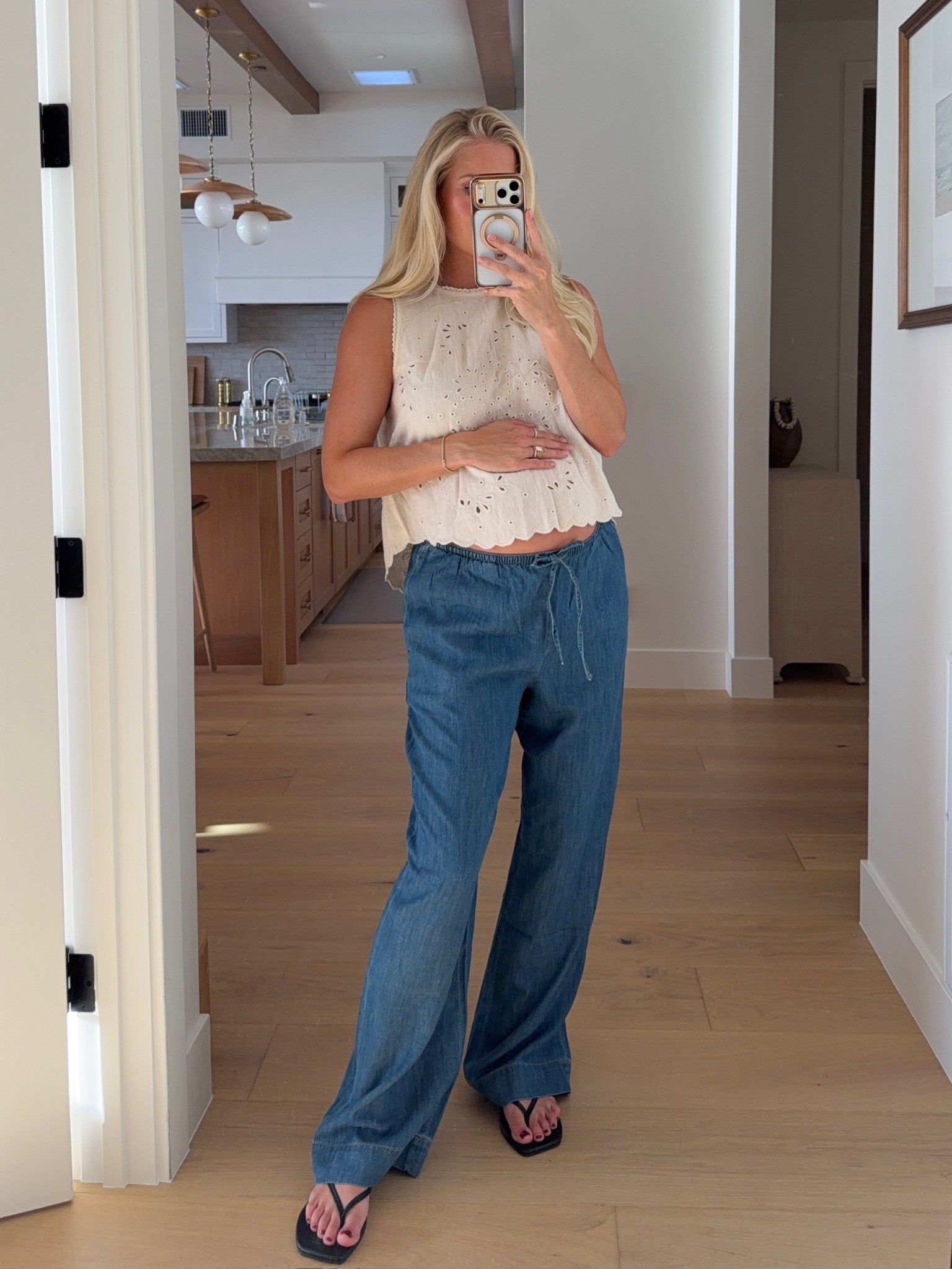 Wearing med in top, medium in pants (sized up for pregnancy), code “KPGS20!” for discount on bracelet & ring! #kathleenpost

Spring outfits 2026, spring transition outfit, casual chic look, errands outfit, bump friendly, maternity look