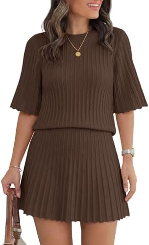 Saodimallsu Womens Sweater Sets 2 Piece Outfits Summer Half Sleeve Ribbed Knit Top and Pleated Sk... | Amazon (US)