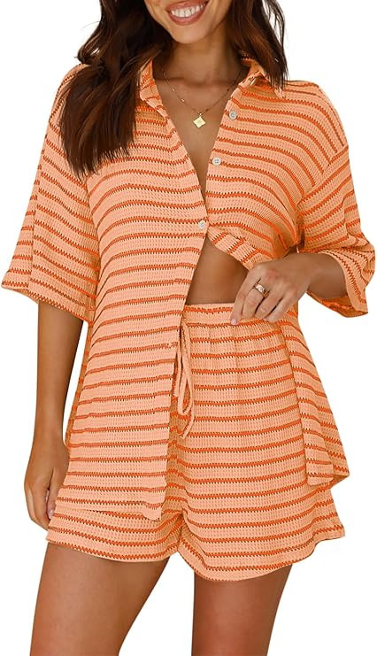 Tankaneo Womens Striped 2 Piece Sets Short Sleeve Button Down Shirt and Shorts Waffle Knit Pajama... | Amazon (US)