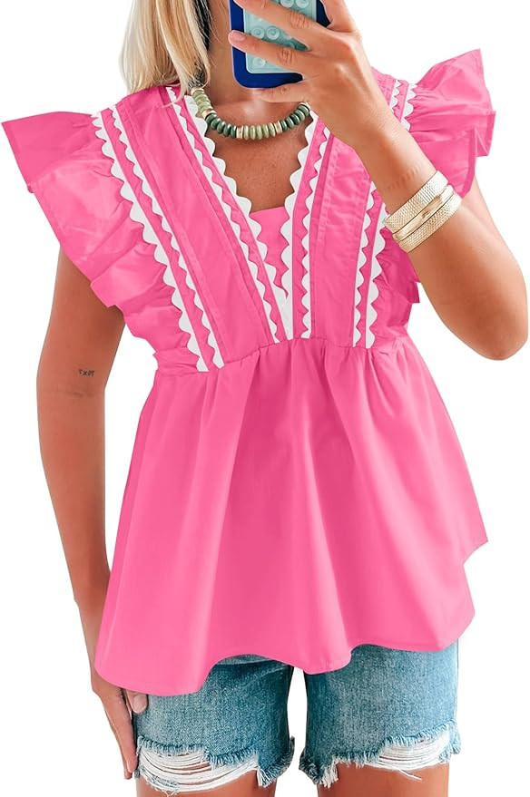 Tankaneo Womens Babydoll Peplum Tops Ruffle Cap Sleeve V Neck Blouse Dressy Cute Summer Pleated S... | Amazon (US)