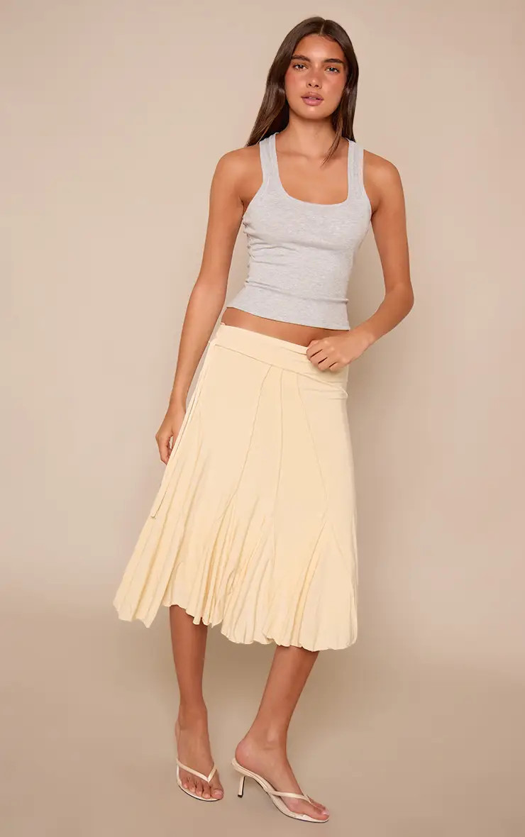 Cream  Slinky Exposed Seam Detail Midi Skirt | PrettyLittleThing UK