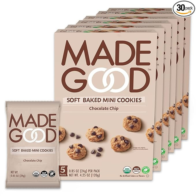 MadeGood Soft Baked Chocolate Chip Mini Cookies, Gluten Free & Safe For School Snacks, 30 Count | Amazon (US)