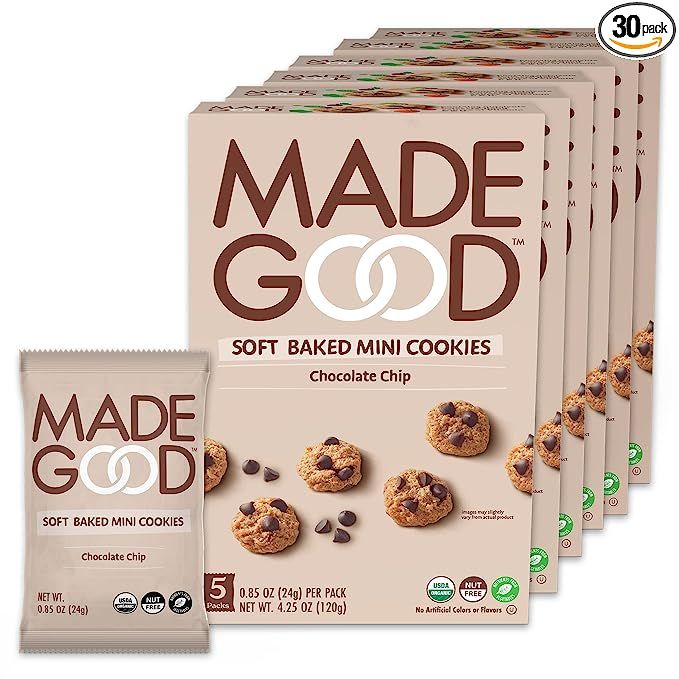 MadeGood Soft Baked Chocolate Chip Mini Cookies, Gluten Free & Safe For School Snacks, 30 Count | Amazon (US)
