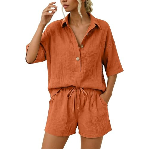 2 Piece Short Sets For Women Summer,Summer Sets Women 2 Piece Outfits Trendy V Neck Button Shirts Matching Drawstring Linen Shorts Fashion Outfit Short Set(Orange,Small) | Amazon (US)