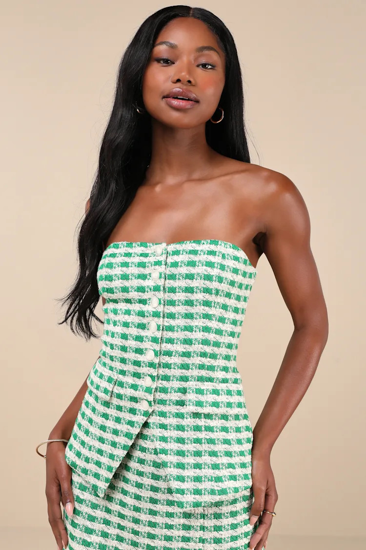 Poshest Crush Green and Ivory Plaid Lurex Strapless Vest Top | Lulus