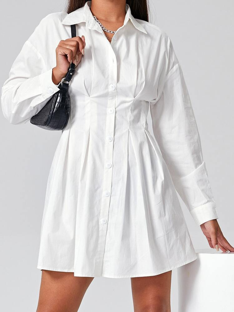 Single Breasted Fold Pleated Shirt Dress | ROMWE