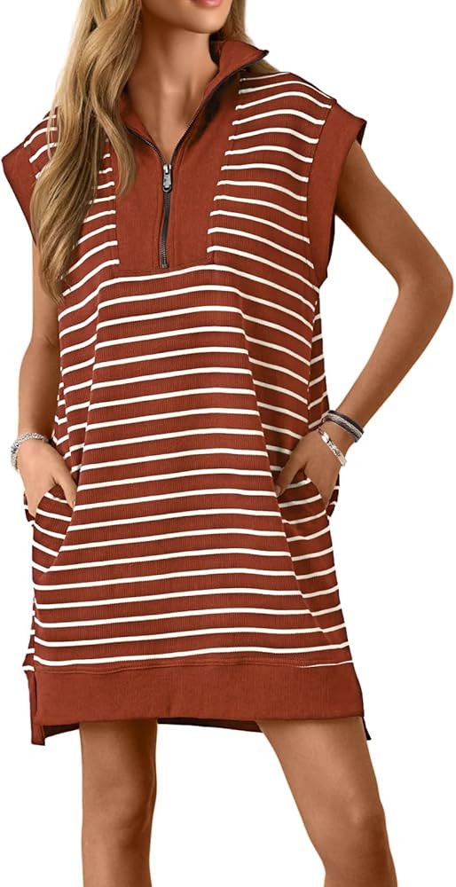 Wenrine Womens Striped Mini Dress Casual Zipper Cap Sleeve Collared V Neck Loose Knit Summer Dres... | Amazon (US)