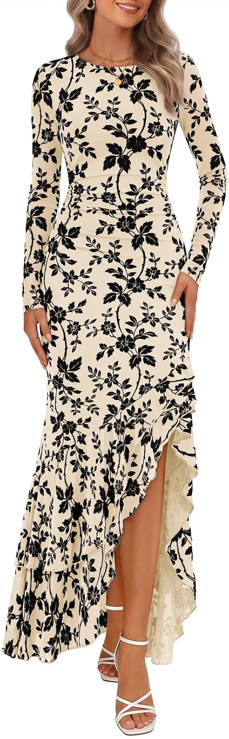 MEROKEETY Women's Fall Wedding Guest Cocktail Formal Maxi Dresses | Long Sleeve, Floral, Boat Neck, Bodycon, Asymmetric Ruffle Hem, Mesh, Sexy High Slit, Bridesmaid, Dinner, 2026 Long Dress | Amazon (US)