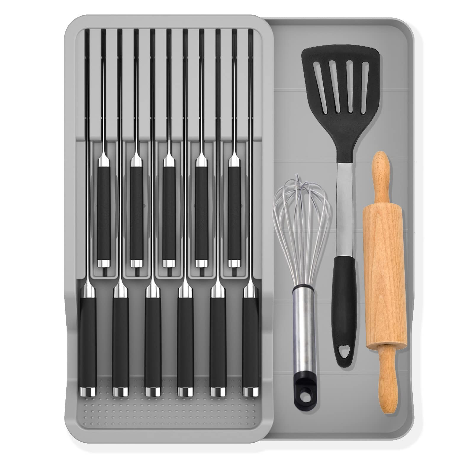 Knife Holder, In Drawer Knife Block Holder with Expandable Cutlery Tray Kitchen Drawer Organizer Insert-Holds 11 Knives for Save Space & Kitchen Safety (Drawer knife holder, Plastic) | Amazon (US)