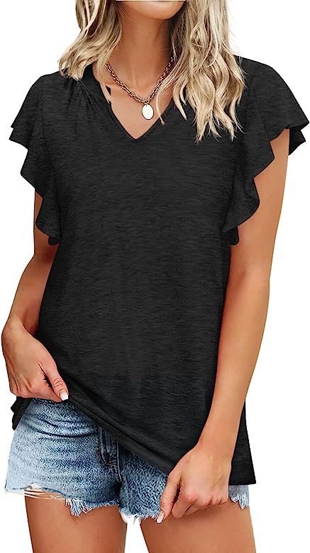 Zeagoo Women's Casual Ruffle Sleeve Summer Tops Sexy V Neck Tank Tops Shirts Short Sleeve Loose T... | Amazon (US)