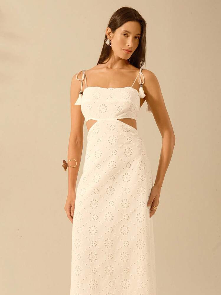 CAJUNI Women's Bohemian White Hollow Fabric, Hollow Waist Back Binding Sleeveless White Dress, Holiday Casual Summer Dress | SHEIN