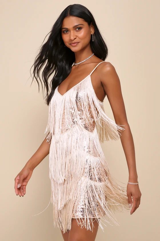 Get in the Groove Champagne Sequin Fringe Bodycon Dress | Lulus