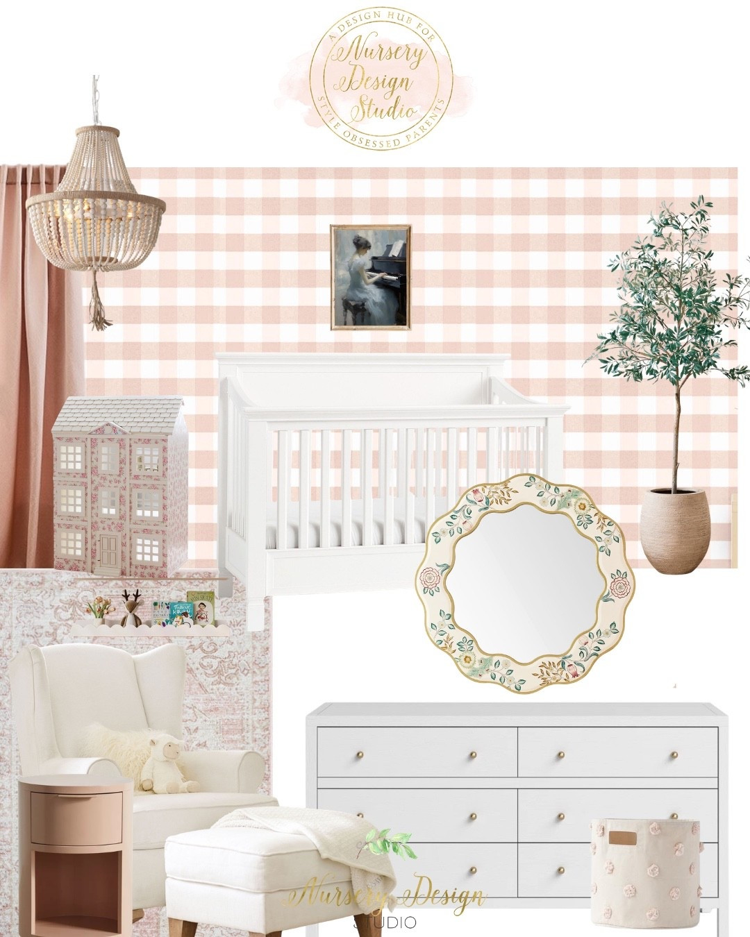 Pink gingham nursery with white crib, nursery dresser, mauve curtains, vintage rug, and feminine nursery decor. Shop this girl nursery look.

#LTKBaby #LTKBump #LTKKids