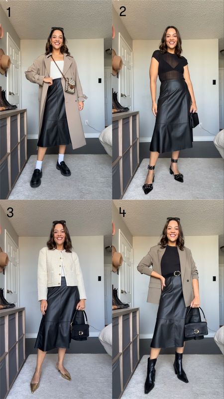 4 ways to wear a faux leather skirt! Details below:

Skirt in all outfits is a coated midi skirt from H&M. Fits a bit big, so size down if in between sizes; I got a size 8 and it’s just a bit big. Two other similar skirt options are linked also. 

Outfit 1:
-Oversized trench coat from Oak + Fort. I have the colour brindle and a size medium. 
-Reformation square neck cap sleeve top in white. I have a medium. 
-Poppy Barley replay loafers in black. They fit a bit small so size up a half size. 
-Gucci crossbody mini bag. 

Outfit 2:
-Dissh mesh black top, I have a size medium. 
-Black triangle bra from the Gap. 
-Ganni patent leather chunky buckle pumps. 

Outfit 3:
-Reformation white bouclé jacket with gold details, I have a size 8. 
-Abercrombie white tank top. 
-Gold slingback heels, similar linked. 
-Coach tabby 26 bag in black pebble. 

Outfit 4:
-Taupe blazer, similar linked. 
-Abercrombie black high neck ribbed tank top, I have a size medium. 
-Mango black leather pointed ankle boots. 
-Same purse as outfit 3.
-J. Crew black suede belt. 

Sunglasses in all are the Celine Triomphe 52mm sunglasses in black acetate. 





#LTKfindsunder100 #LTKstyletip #LTKSeasonal