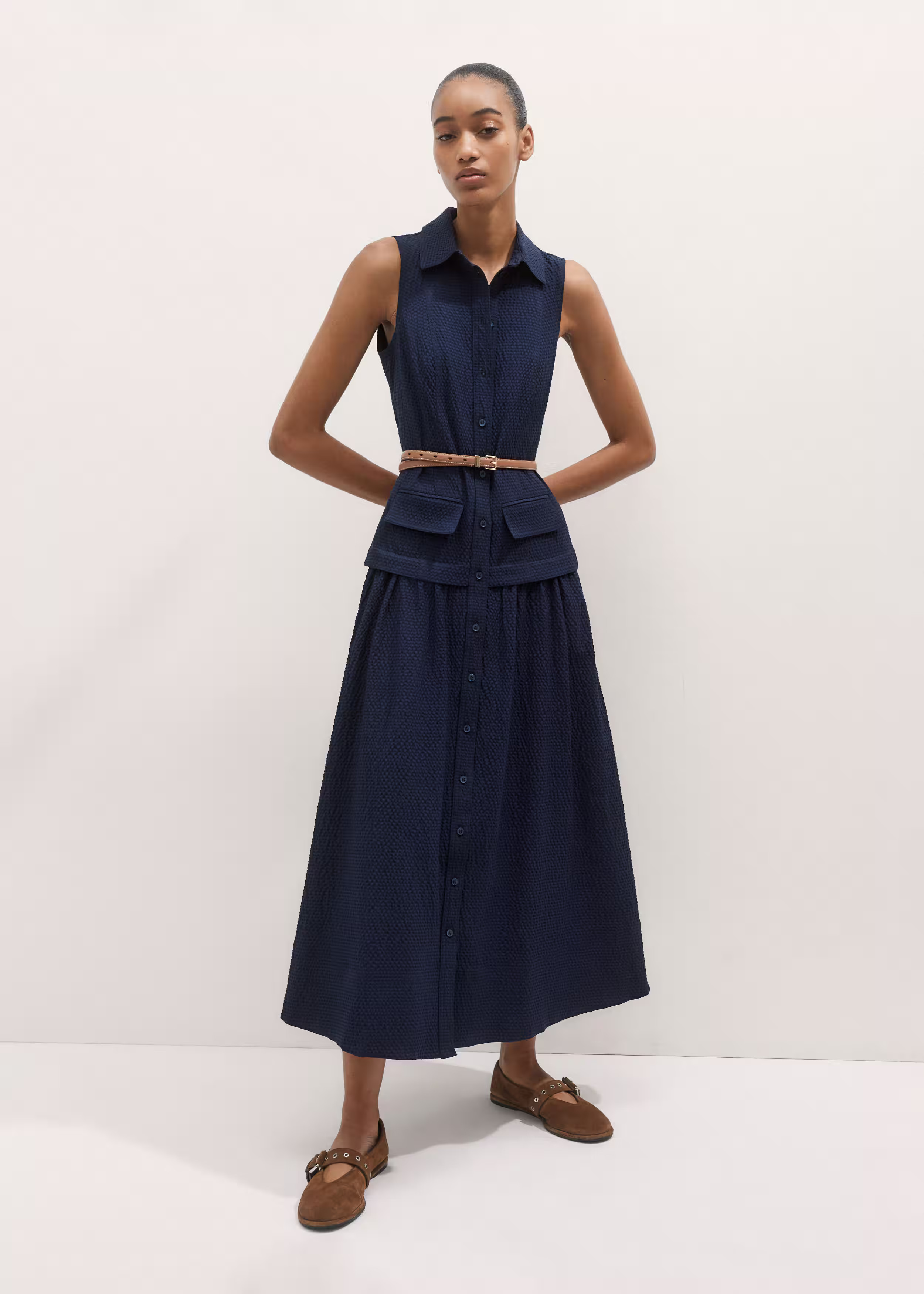 Seersucker Maxi Shirt Dress + Belt Viscose + Cotton-Blend Seersucker | ME+EM US