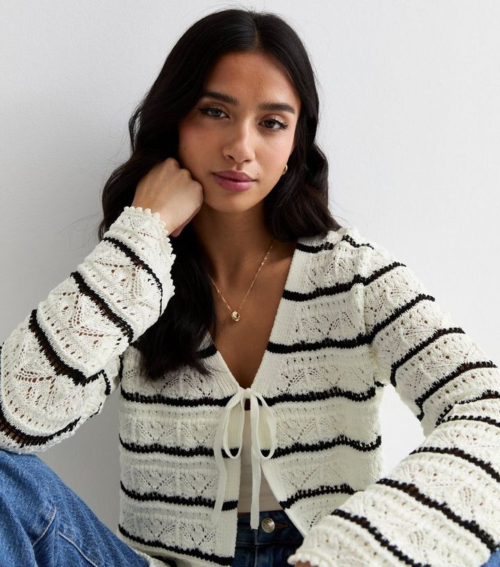 Petite White Stripe Stitch Knit Tie Front Cardigan | New Look | New Look (UK)
