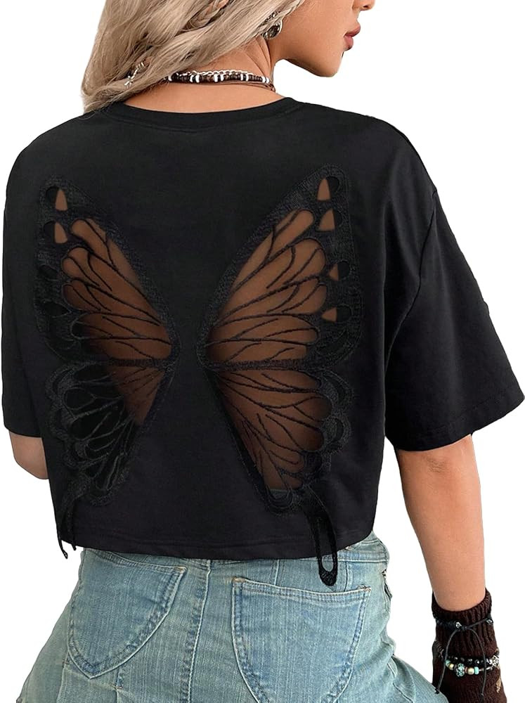 Verdusa Women's Gothic Butterfly Emo T Shirts Goth Witchy Fairy Crop Tops Grunge Alternative Clot... | Amazon (US)