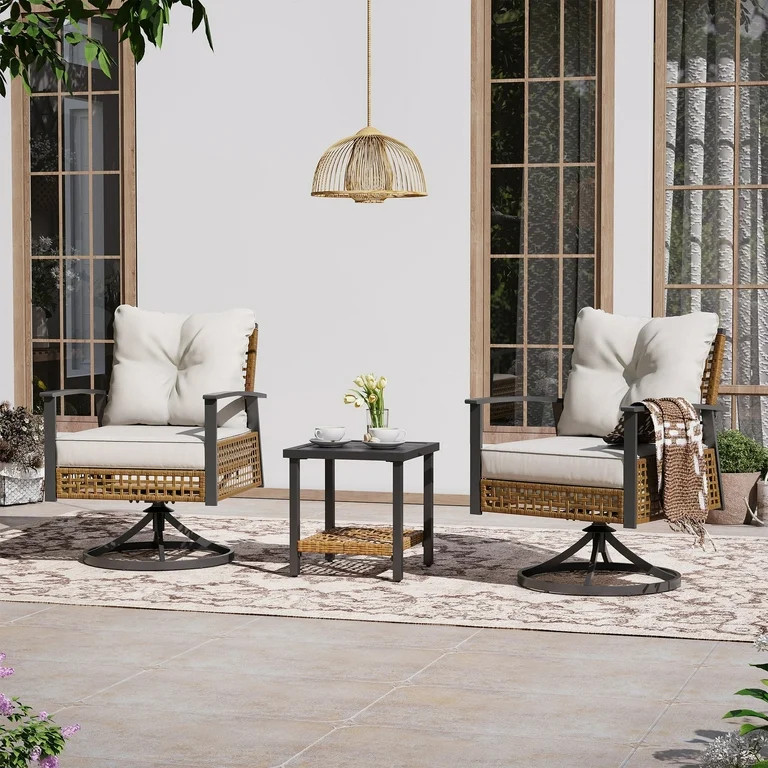 LAUSAINT HOME 3 Pieces Patio Outdoor Furniture Set with 2-Tier Coffee Table, PE Wicker Swivel & R... | Walmart (US)