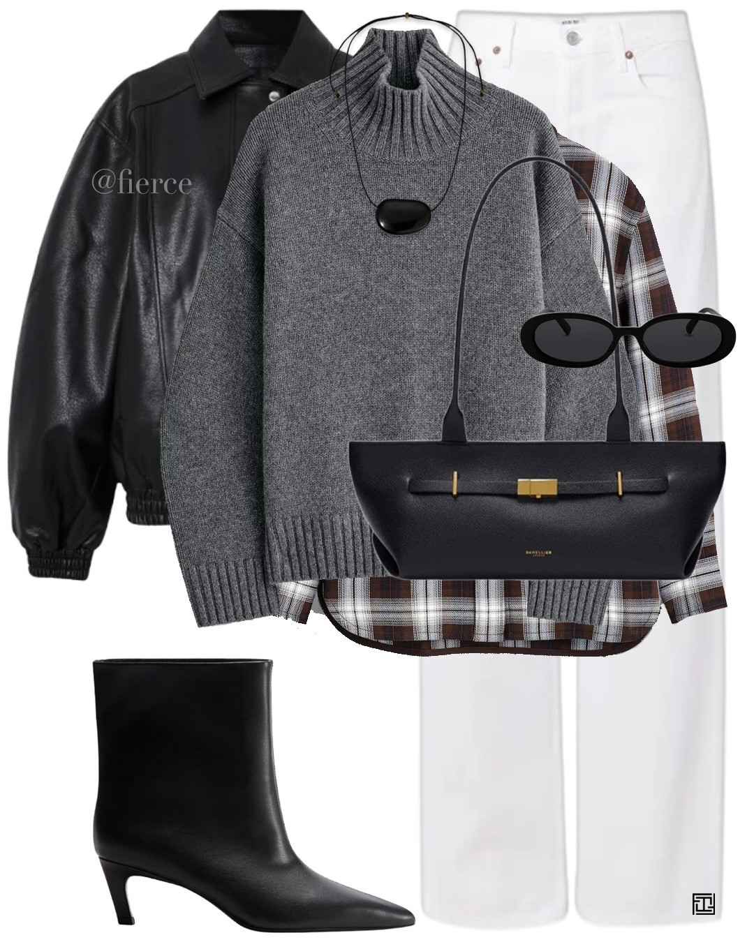 White jeans black bomber jacket grey roll neck jumper check shirt black eclair shape bag black heeled boots casual chic outfit lunch date city break 

#LTKuk #LTKwinter #LTKeurope