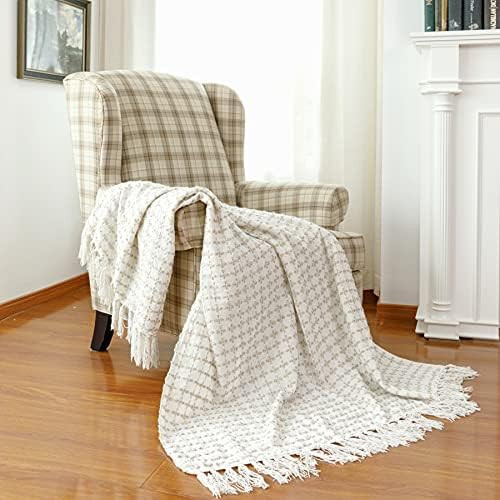 Decorative Woven Ash Blonde White Plaid Throw Blanket, Soft Beige Cross Knitted Chenille Blanket ... | Amazon (US)