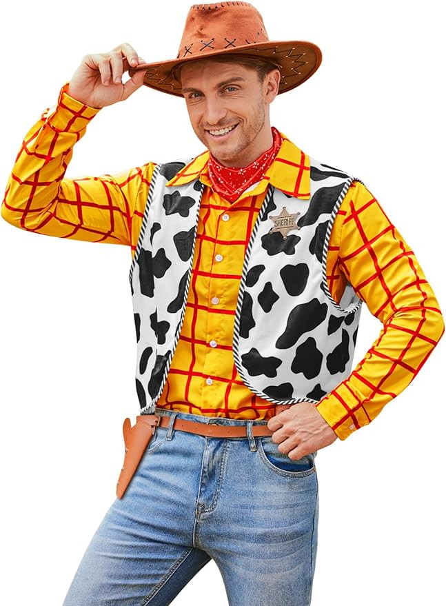 Arvilhill 4 Pcs Men's Woody Costume Halloween Shirt Vest Neckerchief Star Badge Full Set Outfits ... | Amazon (US)