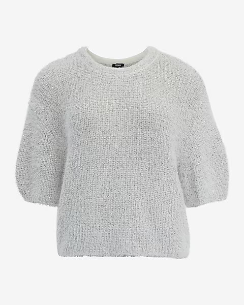 Fuzzy Sequin Crew Neck Short Sleeve Relaxed Sweater | Express
