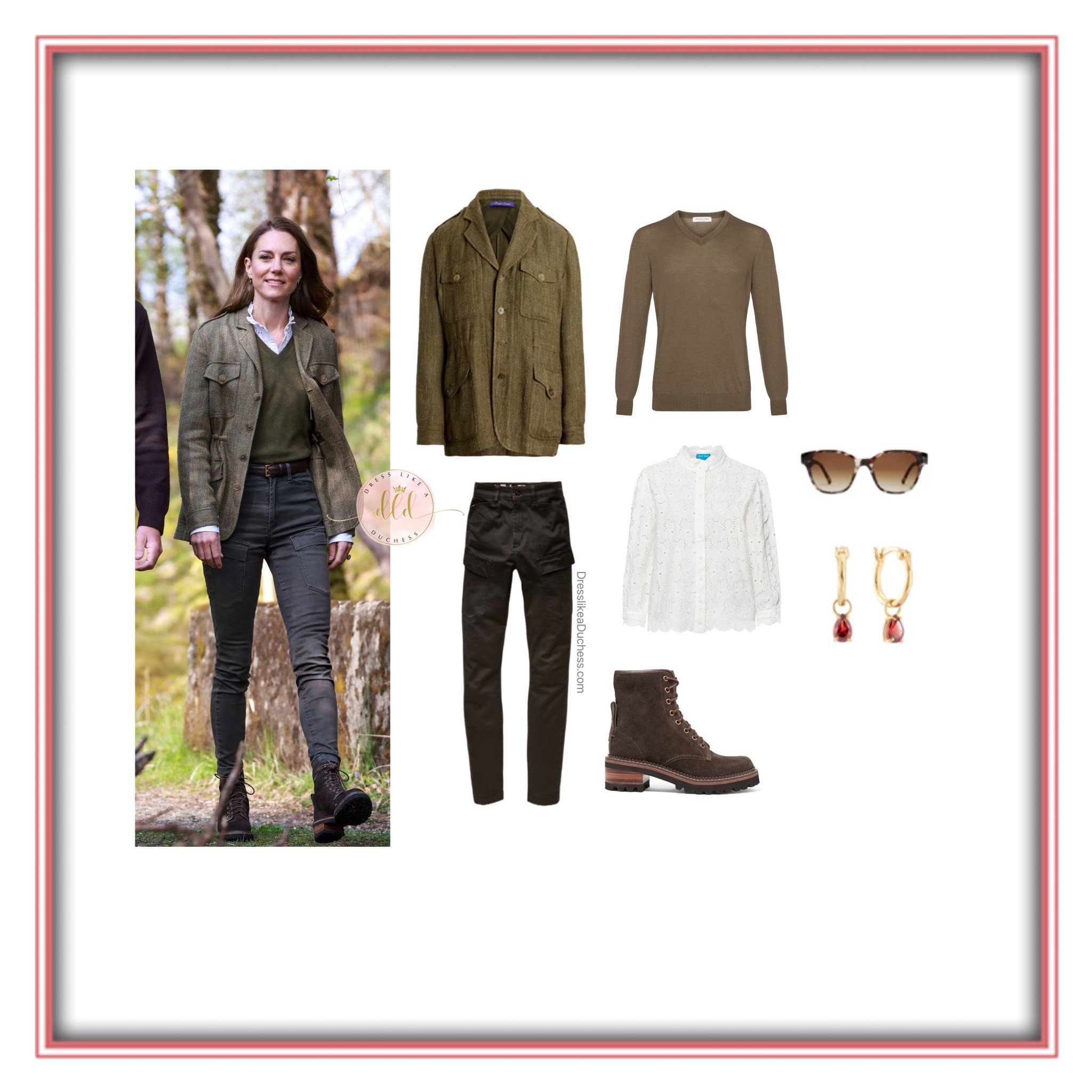 Kate Middleton at the Acura Community Forest on the Isle of Mull in a Ralph Lauren Schmitt Herringbone jacket + Johnstons of Elgin Classic Cashmere crewneck sweater in olive + Mih Mabel blouse + G-Star skinny pants in the shade raven + see by Chloe combat boots + Spells of Love Garnet hoops 