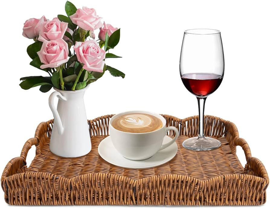 Rectangle Wicker Scalloped Tray, Hand Woven Synthetic Rattan Serving Tray with Handles, Coffee Ta... | Amazon (US)