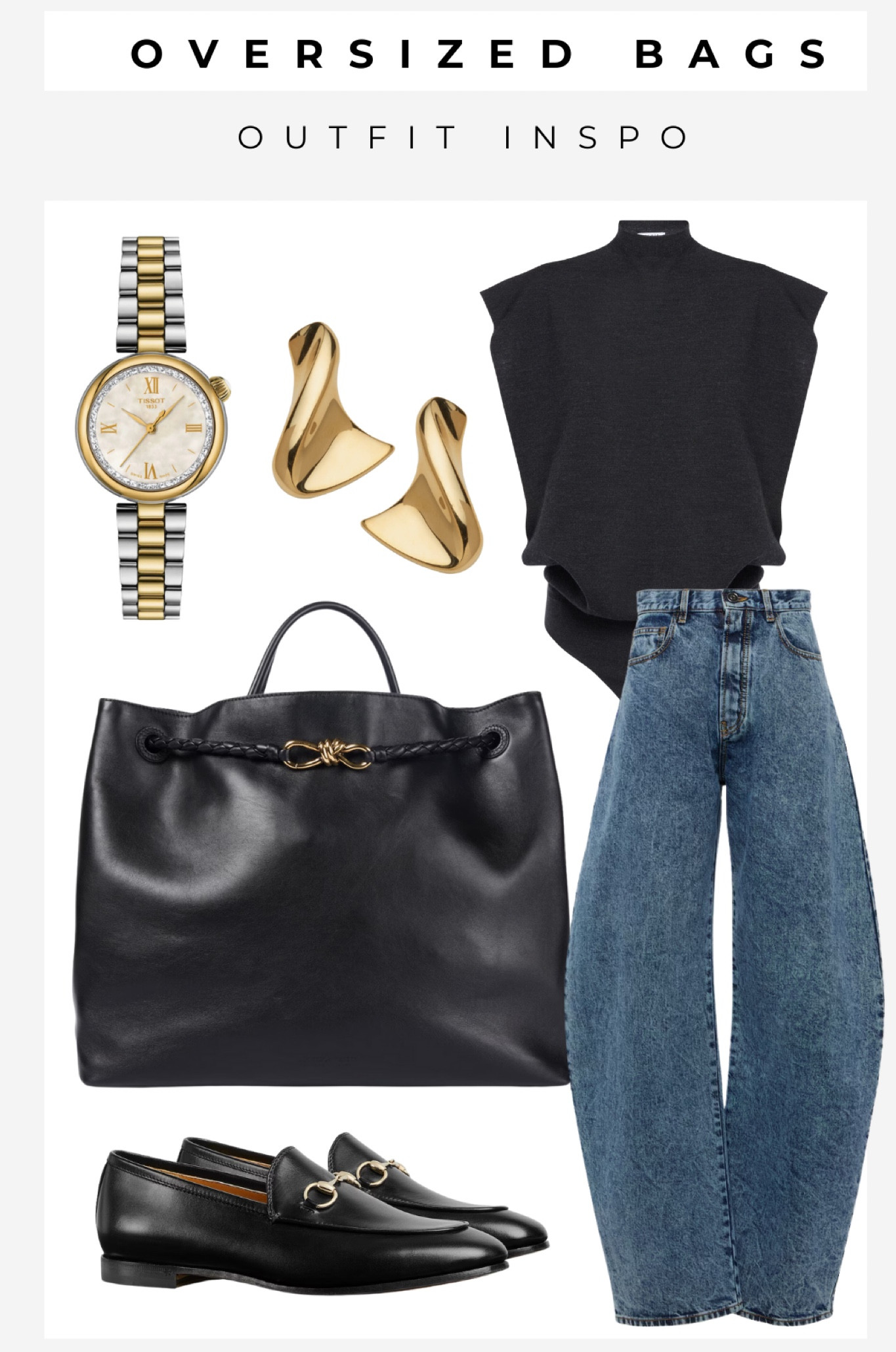 A simple outfit with designer touches in every detail paired with a statement oversized Bottega Andiamo bag. 