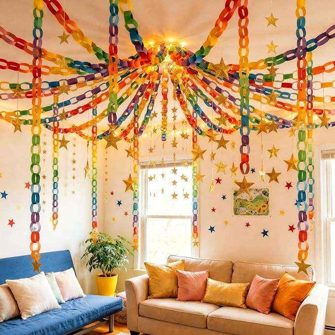 Maitys 500 Sheets Paper Chain Strips and Mirror Star Garland 13 Feet Paper Crafts Banner with Dou... | Amazon (US)