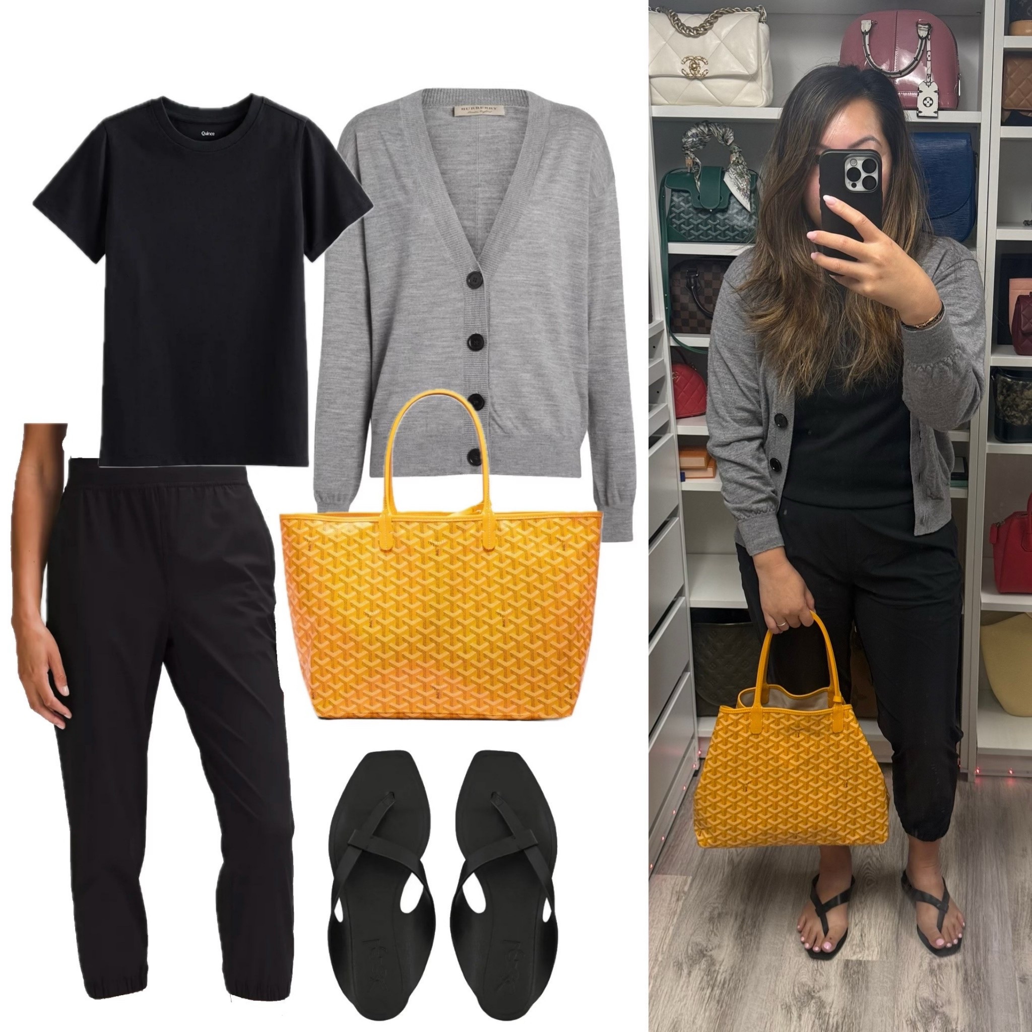 Tee - shirt 👚 Uniqlo 
Pants - Lululemon 
Cardigan - Burberry
Sandals 🩴 -YSL
Tote 👜- goyard

#LTKTravel #LTKItBag #LTKShoeCrush